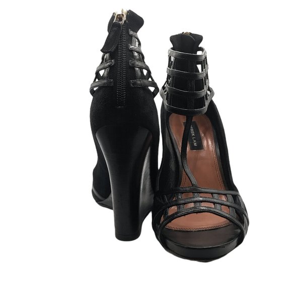 DEREK LAM 'BERYL' Cage T-STRAP BLACK Suede Leather PEEP-TOE WEDGES! Size 7! - Picture 3 of 7
